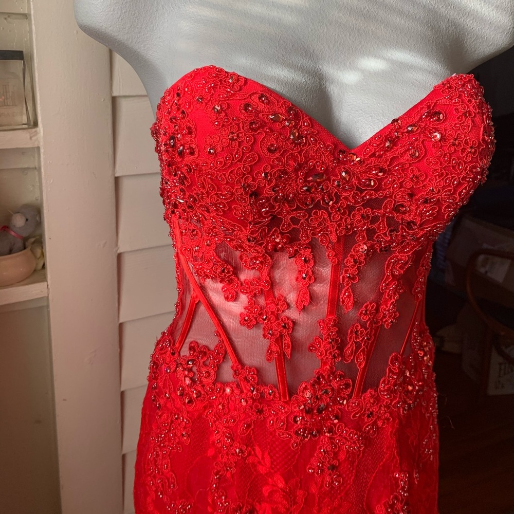 Red Mesh Corset Long Gown